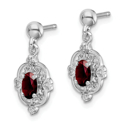 Sterling Silver Rhodium-plated Garnet and Diamond Post Earrings