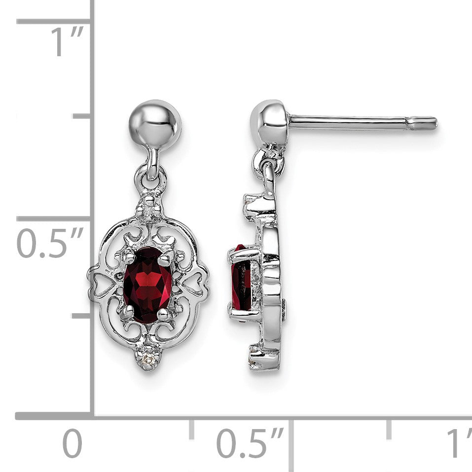 Sterling Silver Rhodium-plated Garnet and Diamond Post Earrings