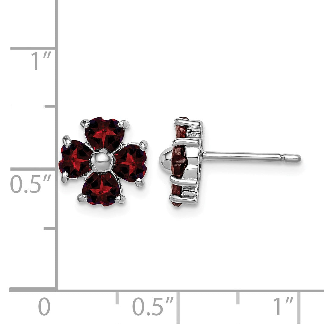 Sterling Silver Rhodium Plated Garnet Flower Post Earrings