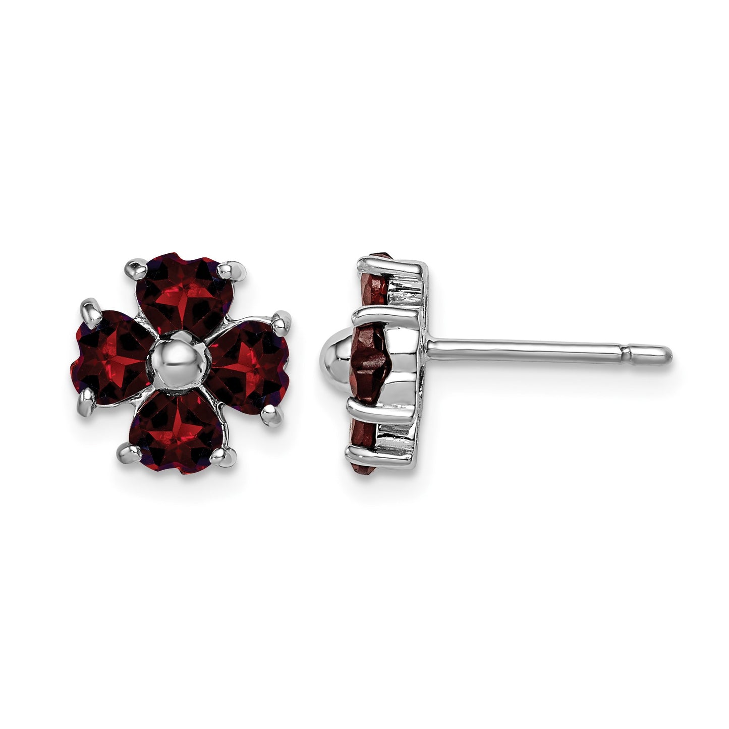 Sterling Silver Rhodium Plated Garnet Flower Post Earrings
