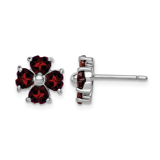 Sterling Silver Rhodium Plated Garnet Flower Post Earrings