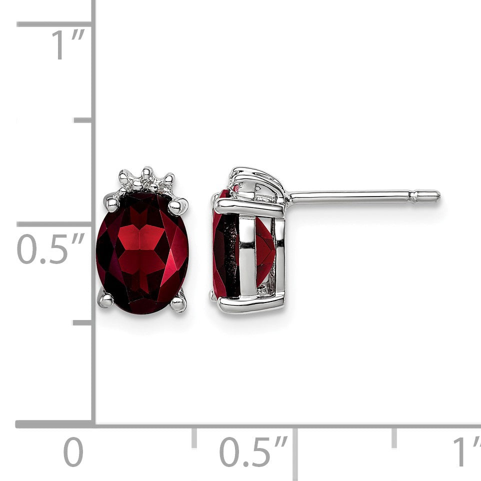 Sterling Silver Rhodium Plated Oval Garnet and Diamond Post Earrings
