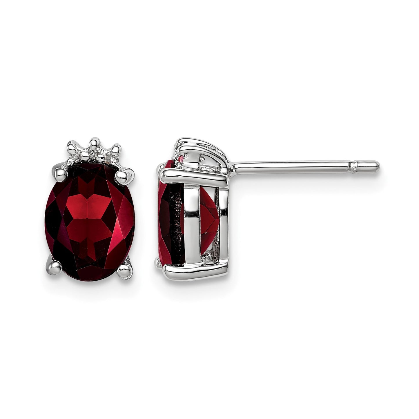 Sterling Silver Rhodium Plated Oval Garnet and Diamond Post Earrings
