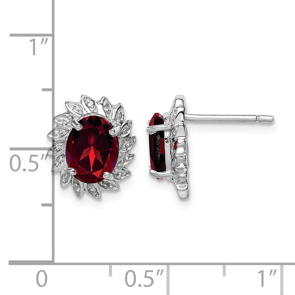 Sterling Silver Rhodium Plated Garnet and Diamond Post Earrings
