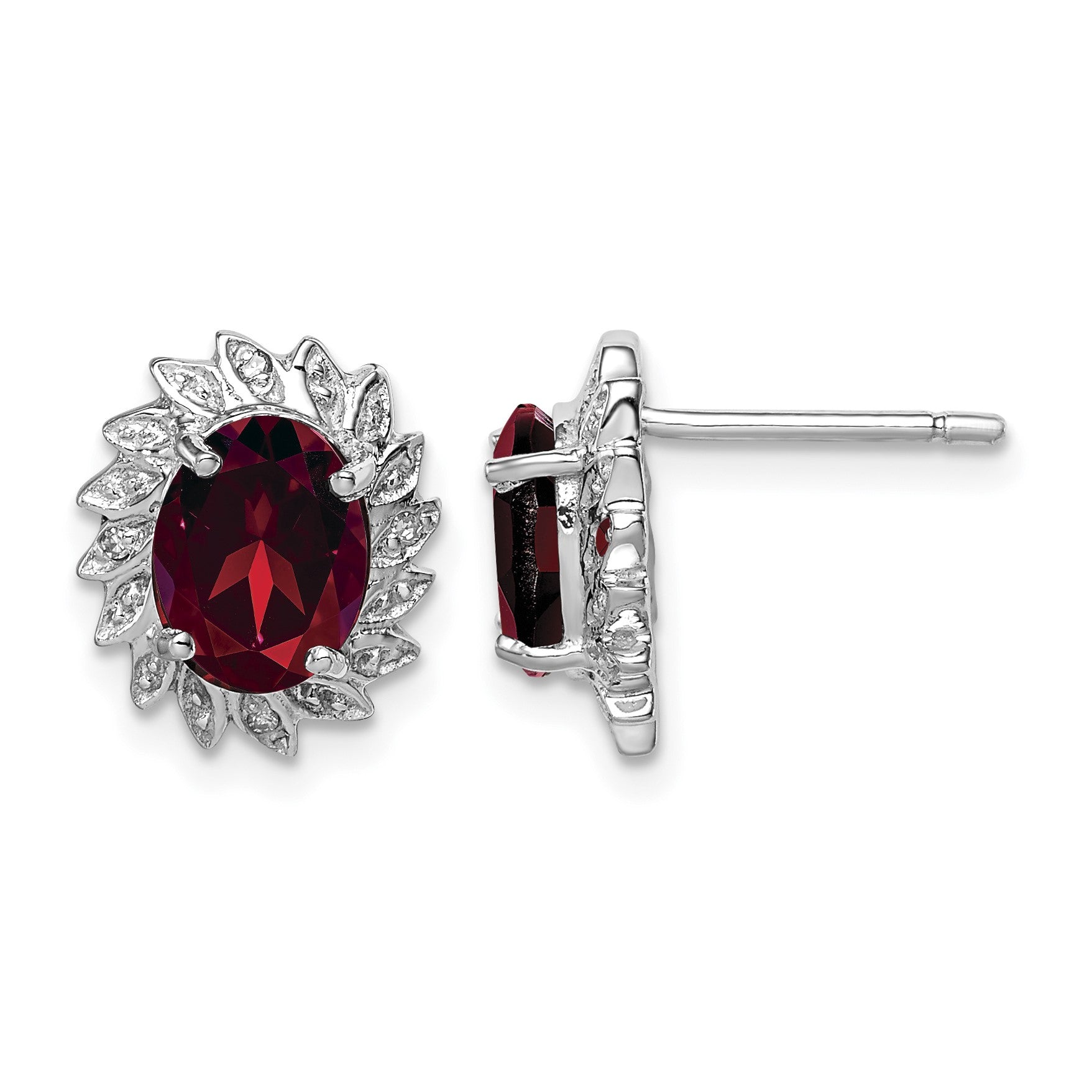 Sterling Silver Rhodium Plated Garnet and Diamond Post Earrings