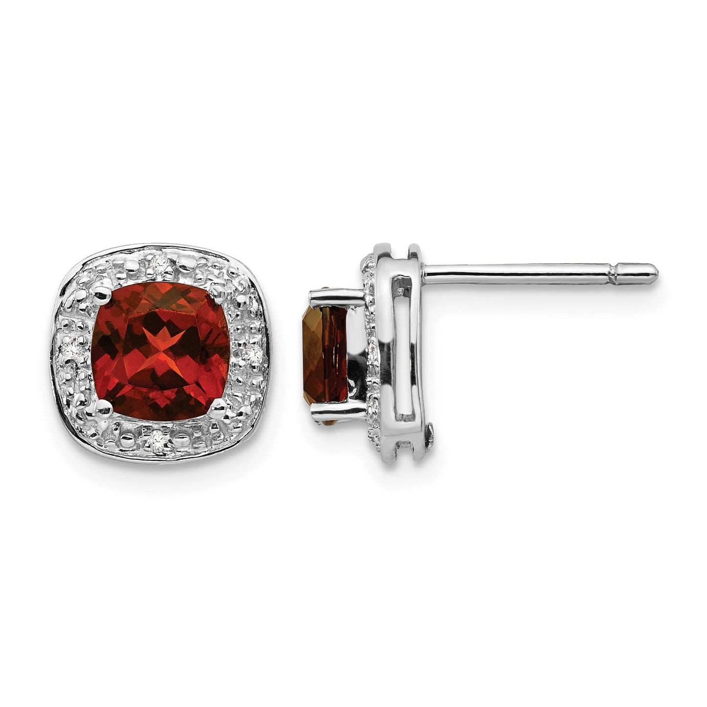 Sterling Silver Rhodium Plated Garnet and Diamond Post Earrings
