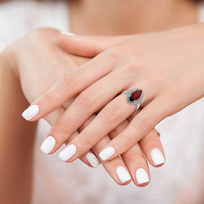 Sterling Silver Rhodium Garnet Diamond Ring