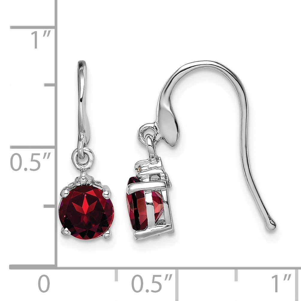 Sterling Silver Rhodium Plated Round Garnet and Diamond Wire Earrings