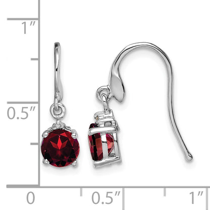 Sterling Silver Rhodium Plated Round Garnet and Diamond Wire Earrings