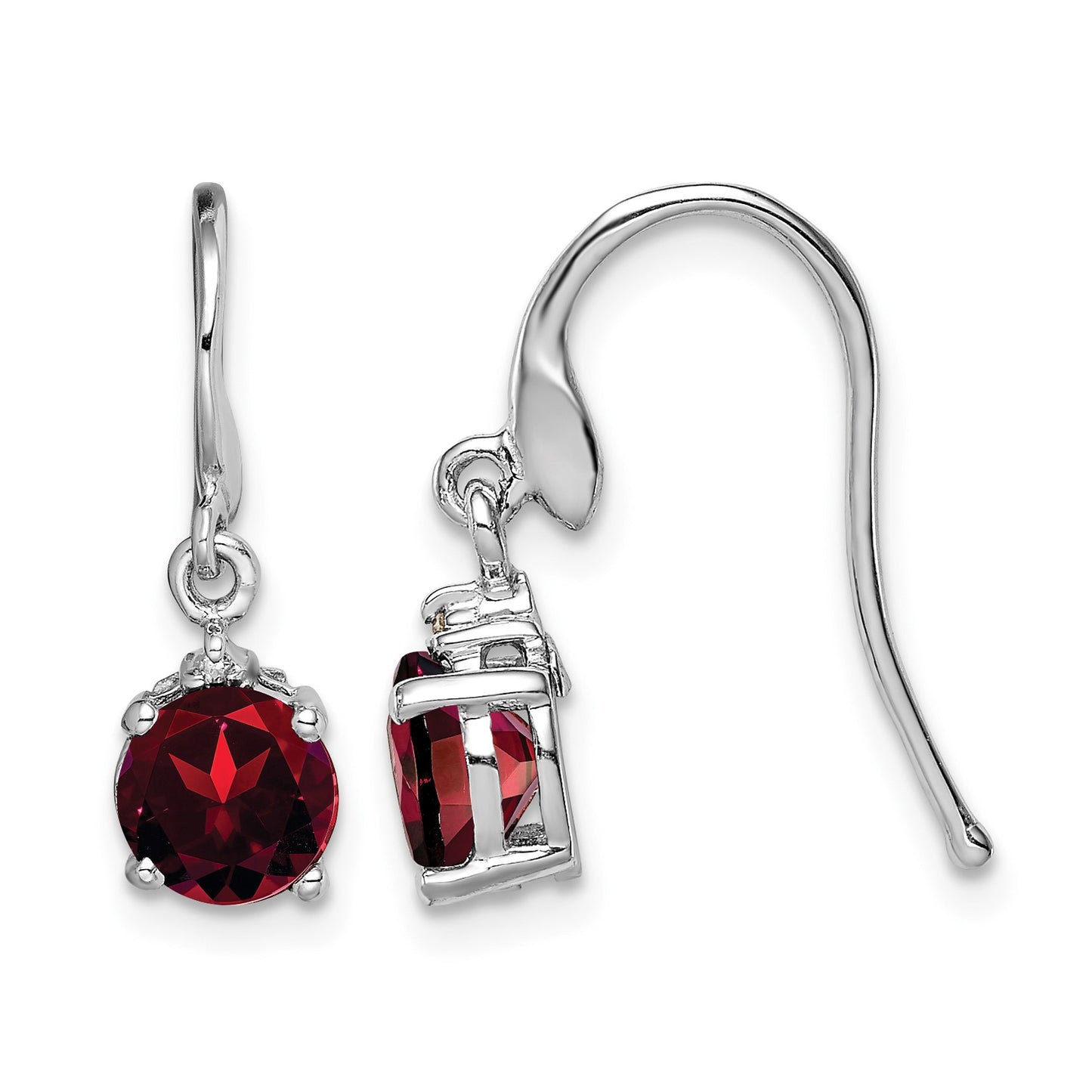 Sterling Silver Rhodium Plated Round Garnet and Diamond Wire Earrings
