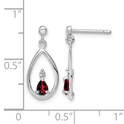 Sterling Silver Rhodium Plated Garnet and Diamond Post Earrings