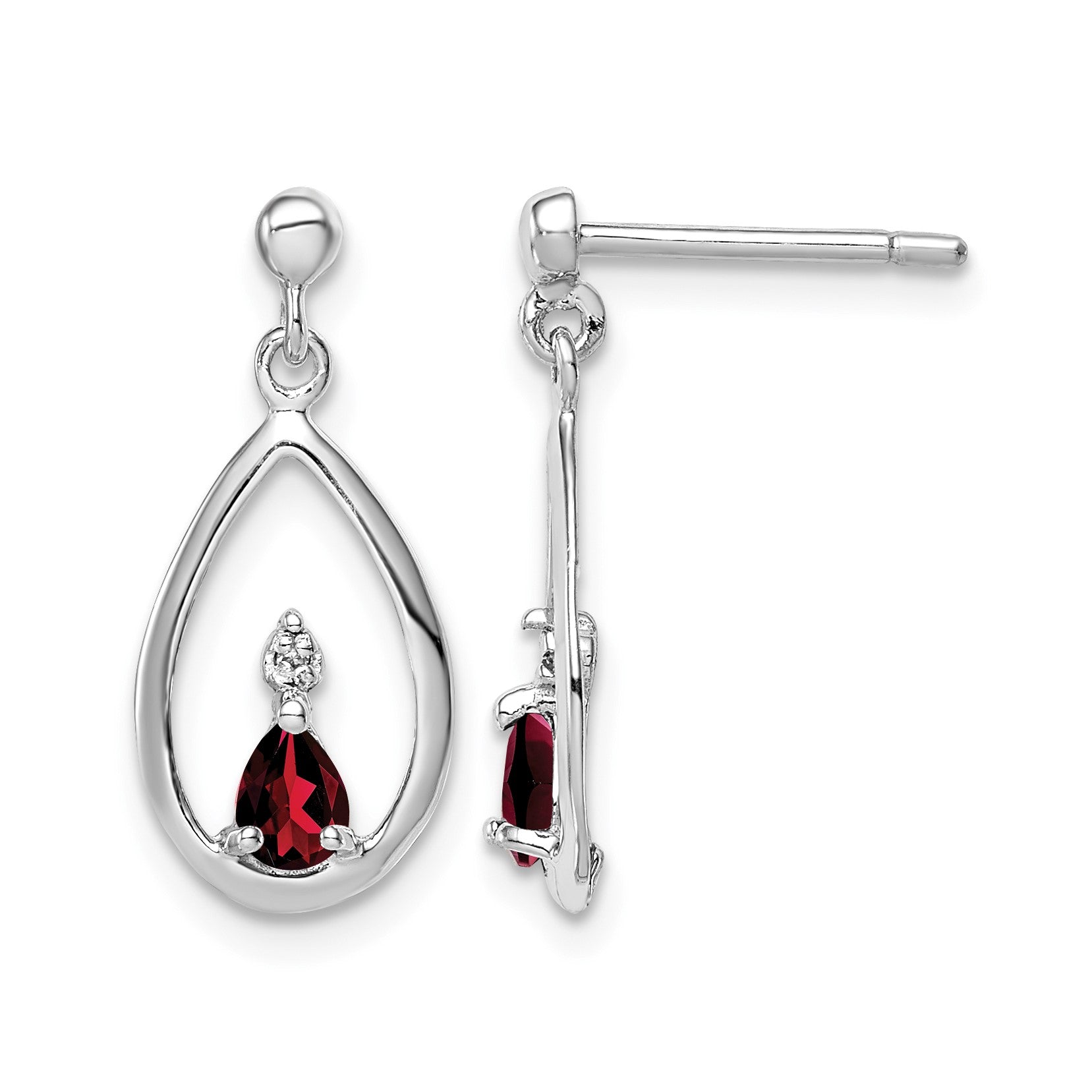 Sterling Silver Rhodium Plated Garnet and Diamond Post Earrings