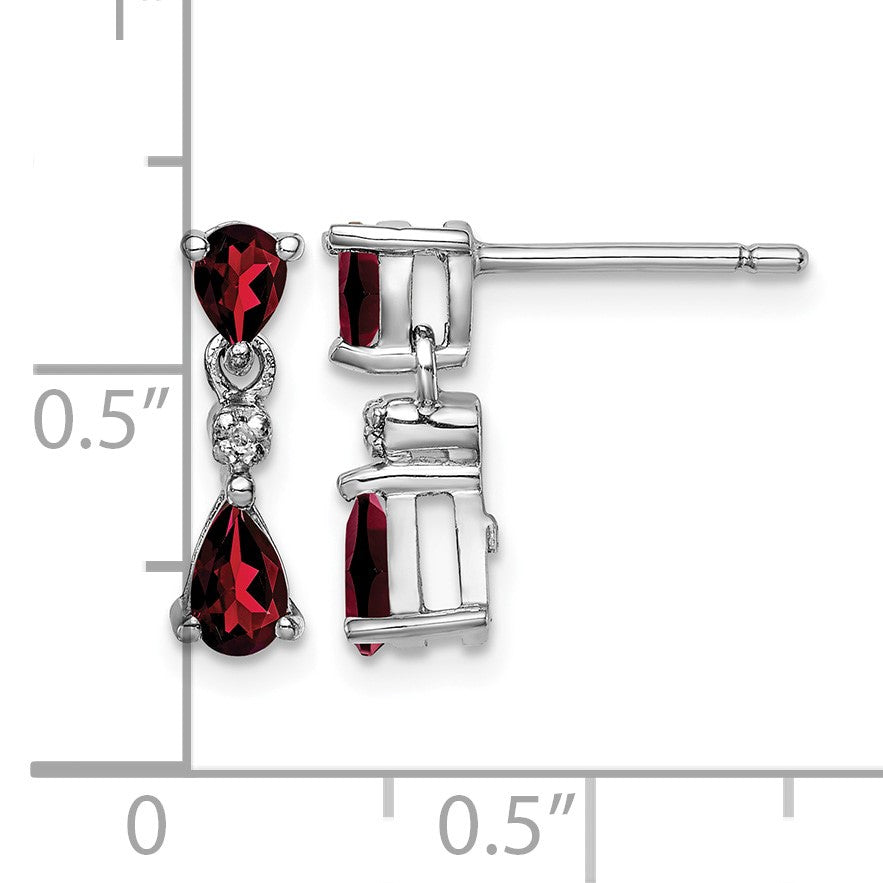 Sterling Silver Rhodium Pear Garnet and Diamond Post Earrings