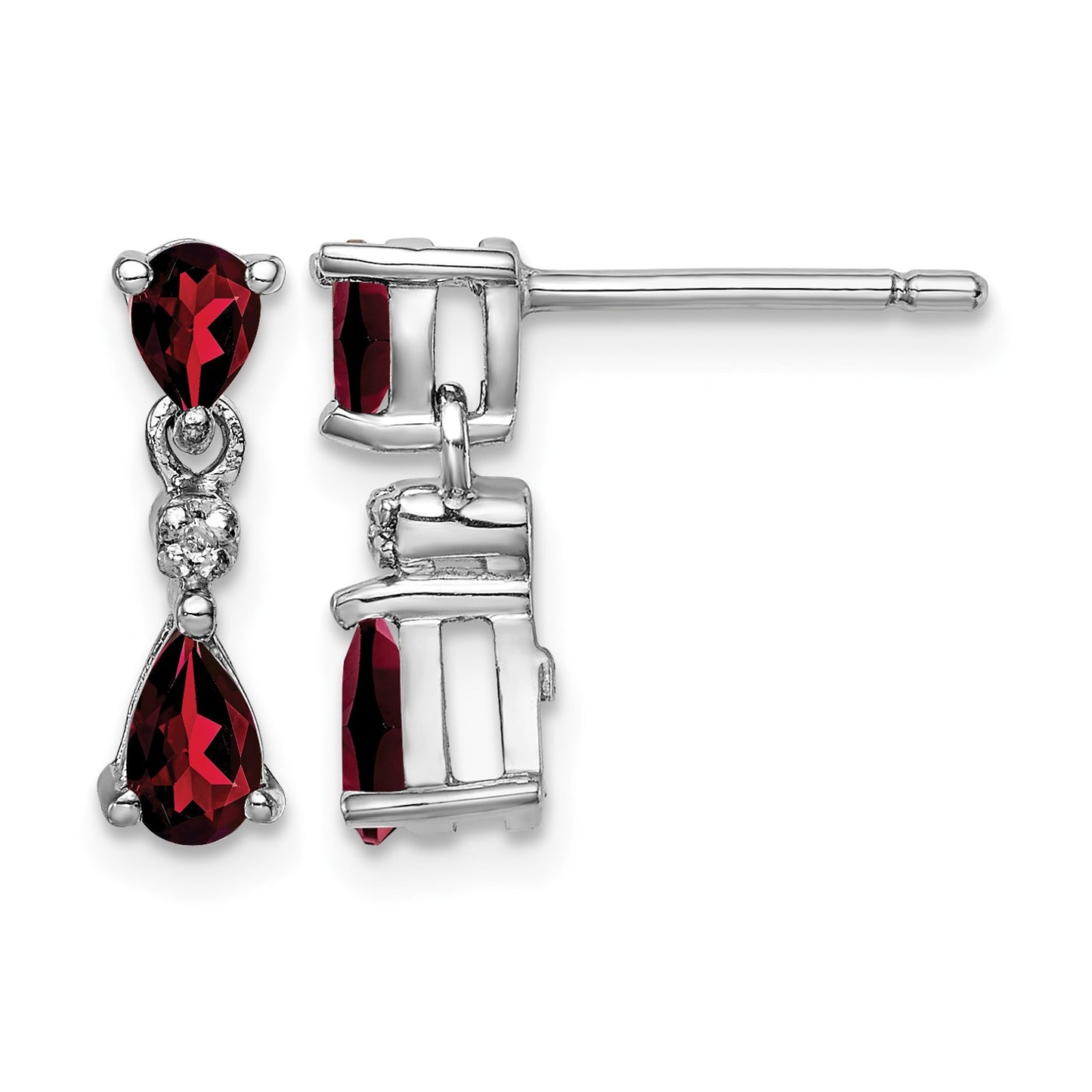 Sterling Silver Rhodium Pear Garnet and Diamond Post Earrings