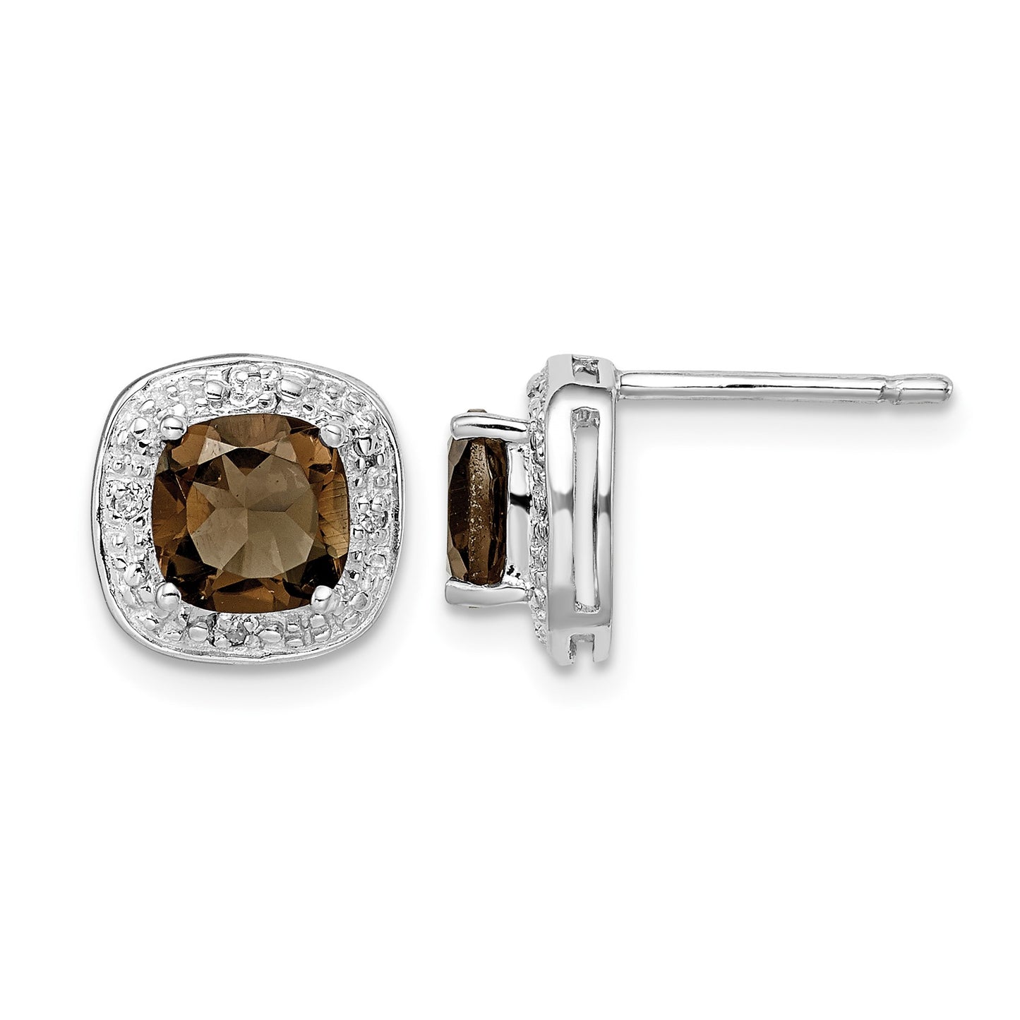 Sterling Silver Rhodium Plated Smoky Quartz and Diamond Post Earrings