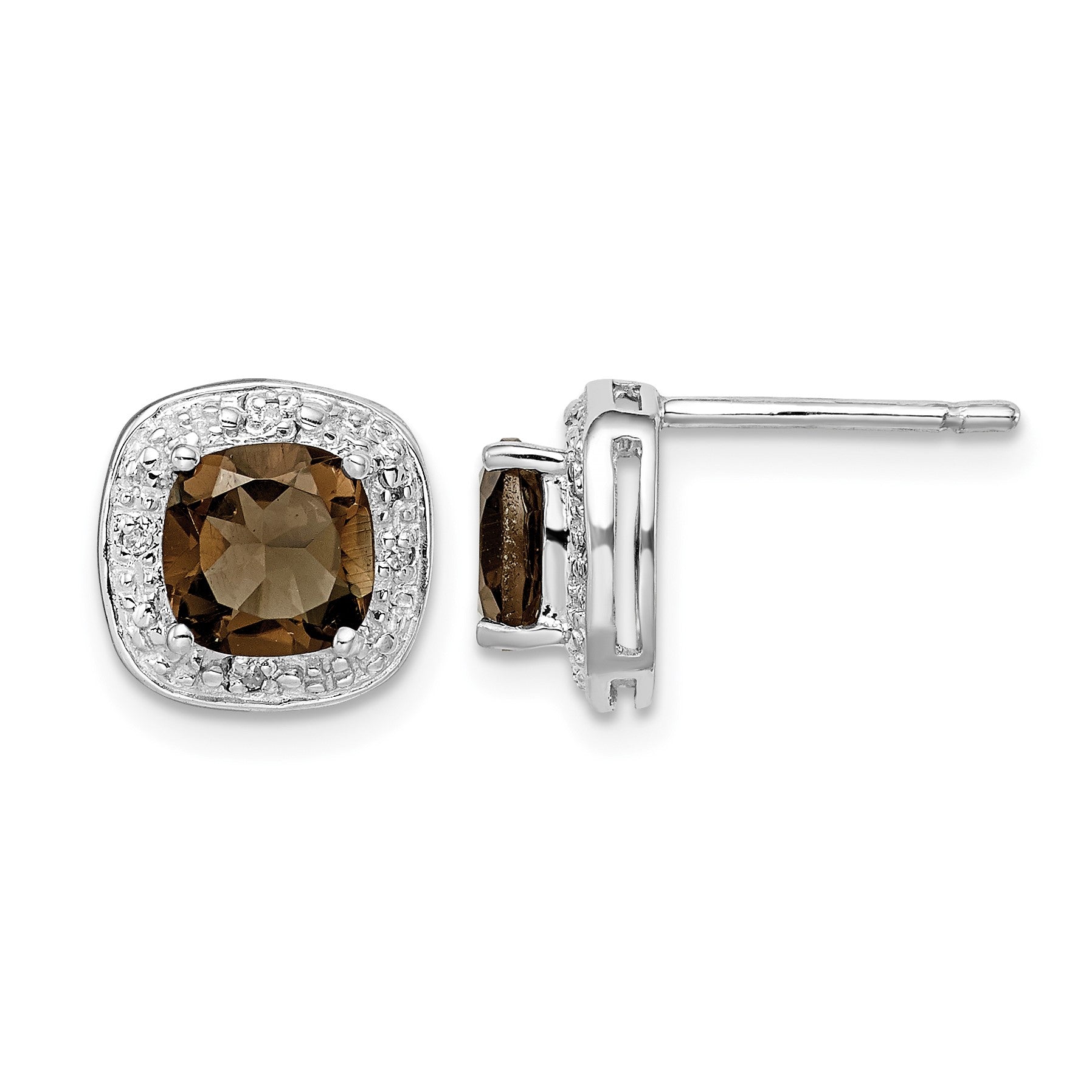 Sterling Silver Rhodium Plated Smoky Quartz and Diamond Post Earrings