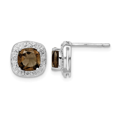 Sterling Silver Rhodium Plated Smoky Quartz and Diamond Post Earrings