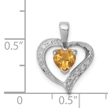 Sterling Silver Rhodium Heart Citrine & Diamond Heart Pendant