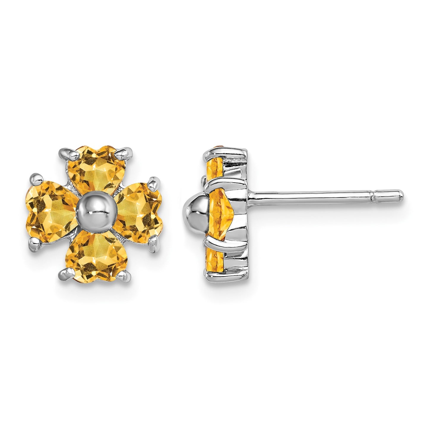 Sterling Silver Rhodium Plated Citrine Flower Post Earrings