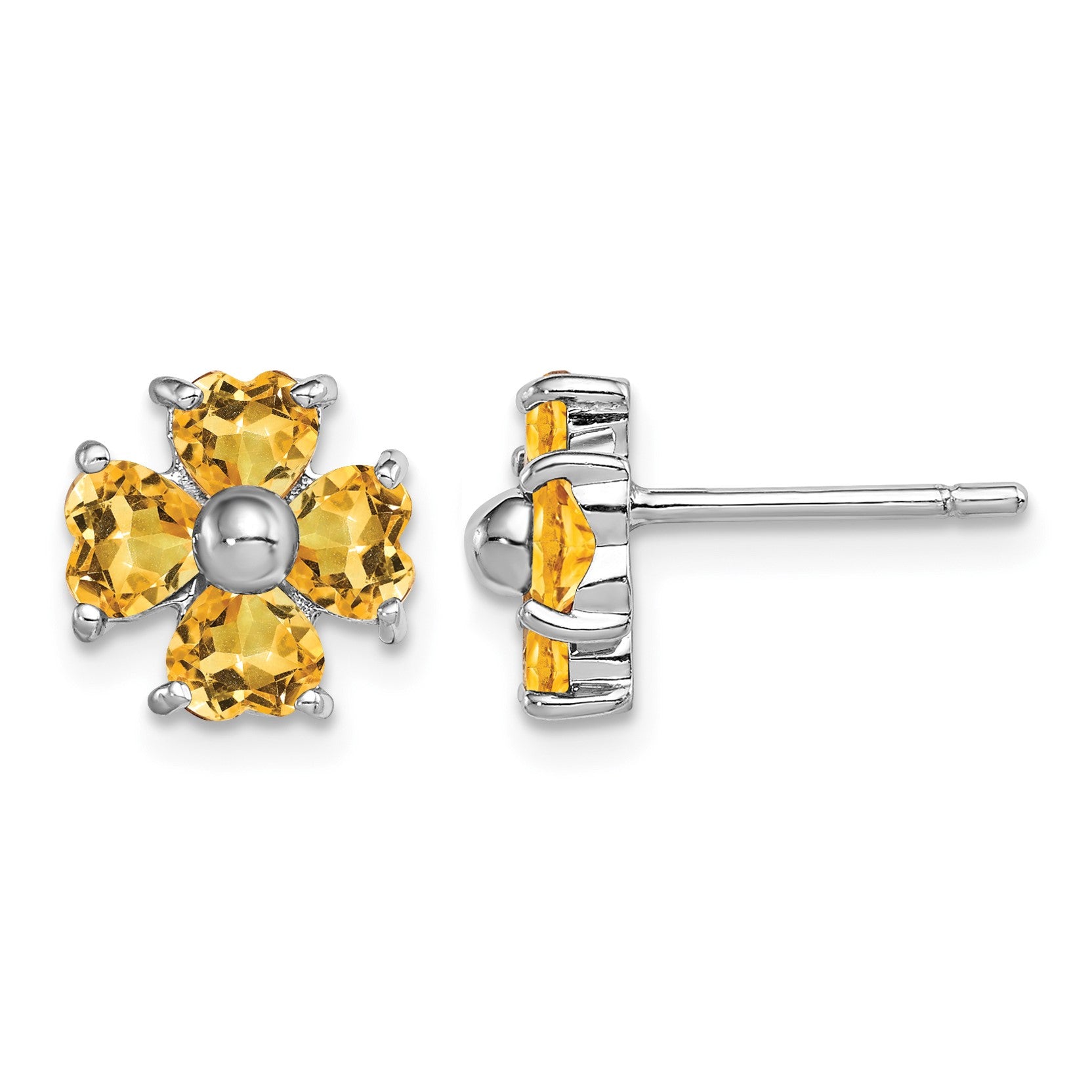 Sterling Silver Rhodium Plated Citrine Flower Post Earrings