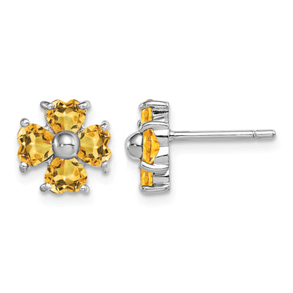 Sterling Silver Rhodium Plated Citrine Flower Post Earrings