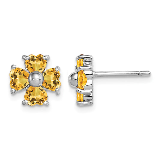 Sterling Silver Rhodium Plated Citrine Flower Post Earrings