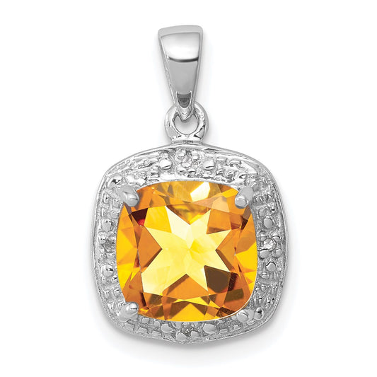 Sterling Silver Rhodium Citrine & Diamond Pendant