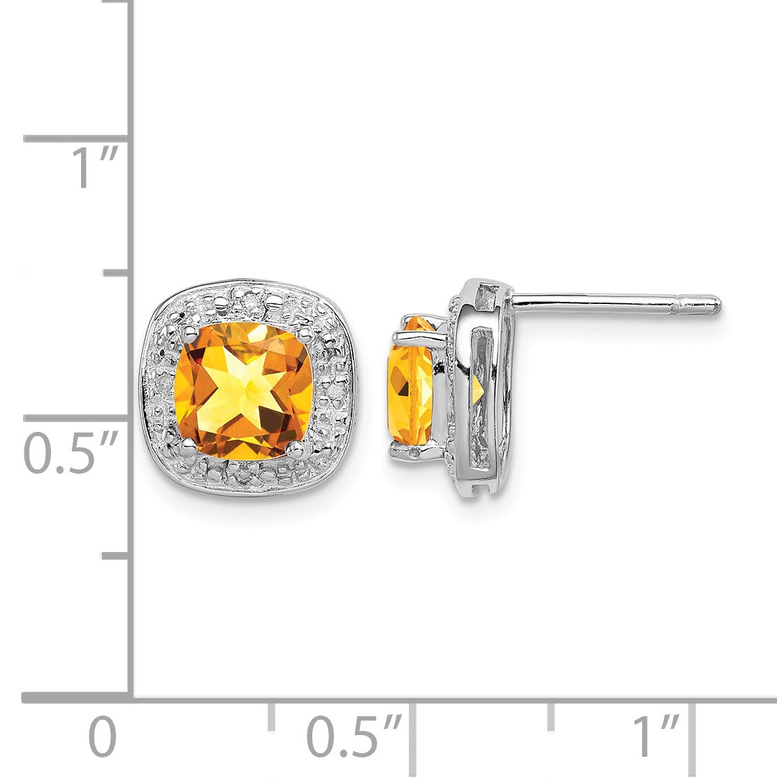 Sterling Silver Rhodium Plated Citrine and Diamond Post Earrings