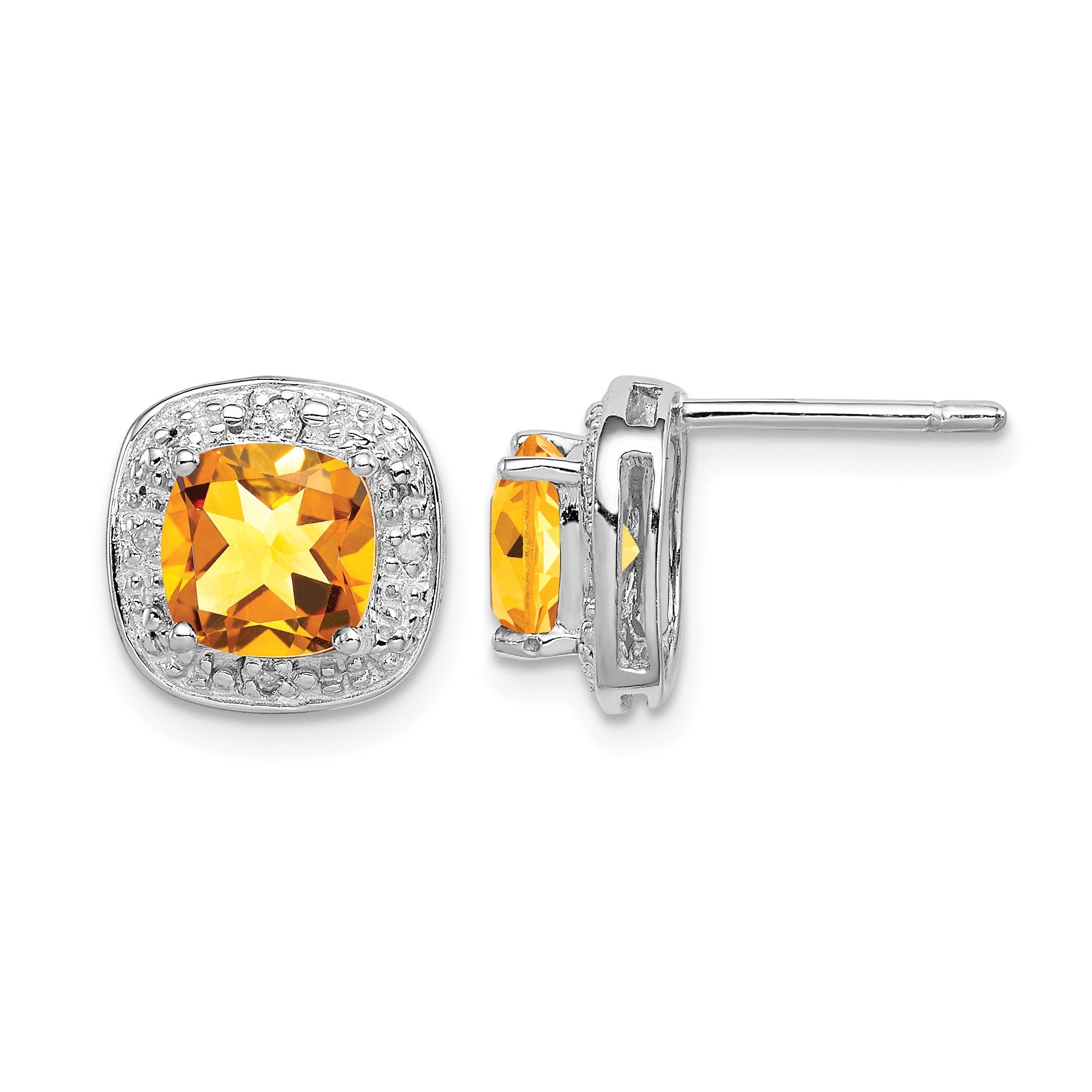 Sterling Silver Rhodium Plated Citrine and Diamond Post Earrings