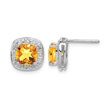 Sterling Silver Rhodium Plated Citrine and Diamond Post Earrings