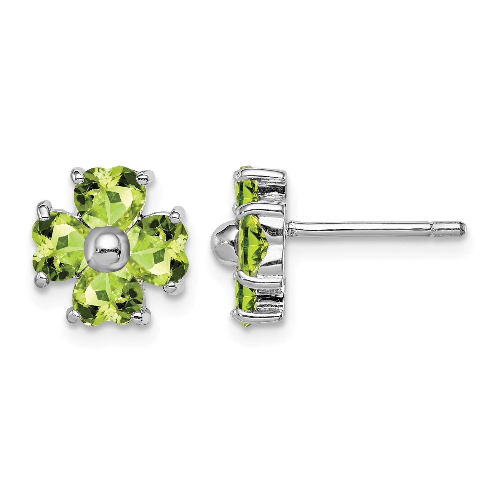 Sterling Silver Rhodium Plated Peridot Flower Post Earrings