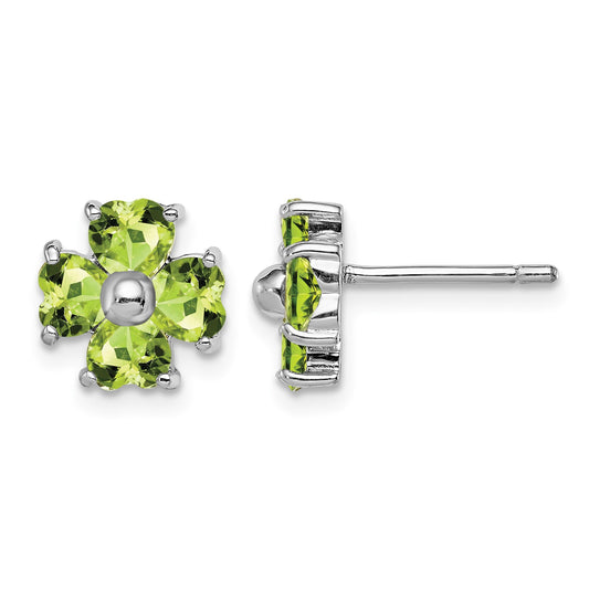 Sterling Silver Rhodium Plated Peridot Flower Post Earrings
