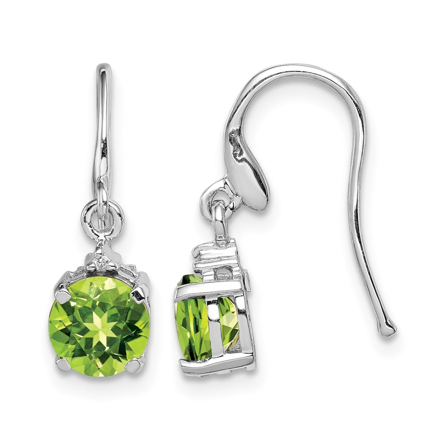 Sterling Silver Rhodium Plated Round Peridot and Diamond Wire Earrings