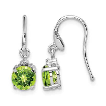Sterling Silver Rhodium Plated Round Peridot and Diamond Wire Earrings