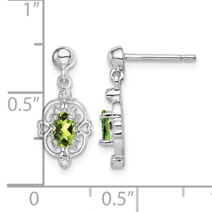 Sterling Silver Rhodium Plated Peridot and Diamond Post Earrings