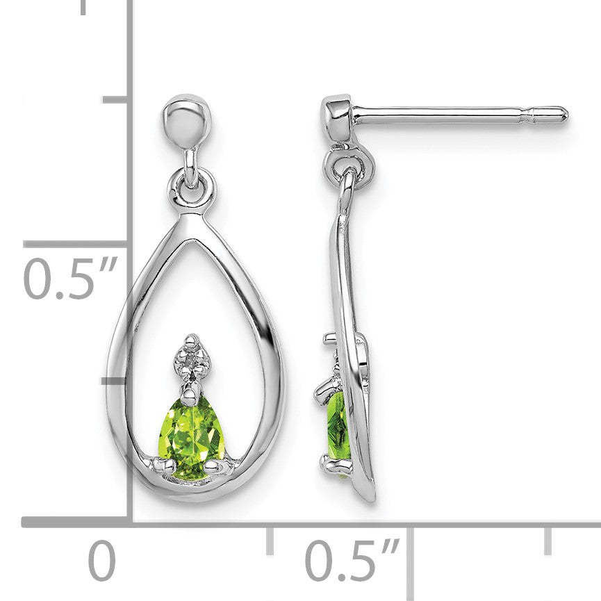 Sterling Silver Rhodium Plated Pear Peridot and Diamond Post Earrings
