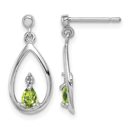 Sterling Silver Rhodium Plated Pear Peridot and Diamond Post Earrings