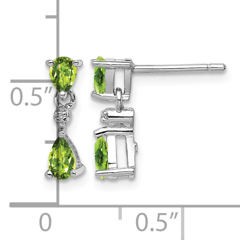 Sterling Silver Rhodium Plated Pear Peridot and Diamond Post Earrings