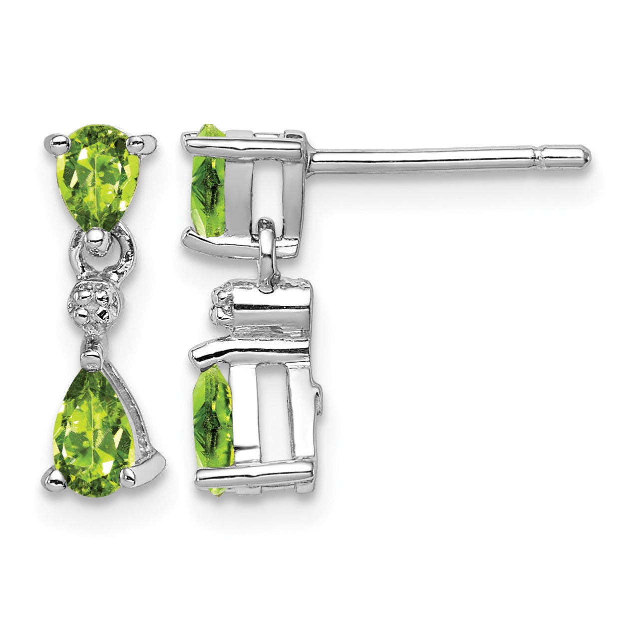 Sterling Silver Rhodium Plated Pear Peridot and Diamond Post Earrings