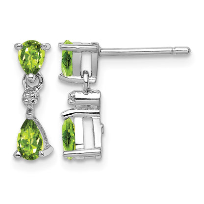 Sterling Silver Rhodium Plated Pear Peridot and Diamond Post Earrings