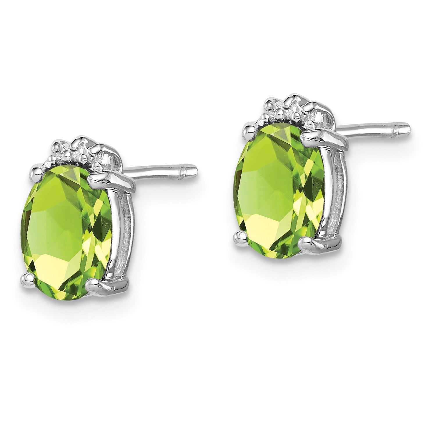 Sterling Silver Rhodium Plated Oval Peridot and Diamond Post Earrings