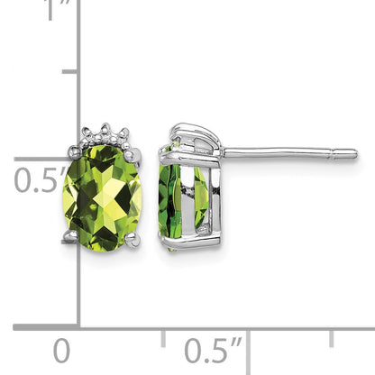 Sterling Silver Rhodium Plated Oval Peridot and Diamond Post Earrings
