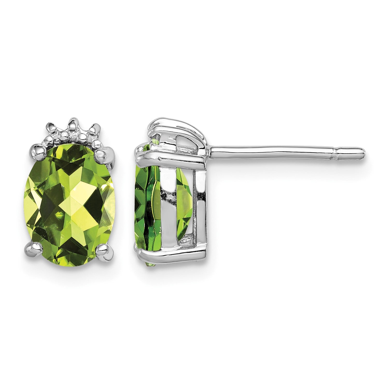 Sterling Silver Rhodium Plated Oval Peridot and Diamond Post Earrings