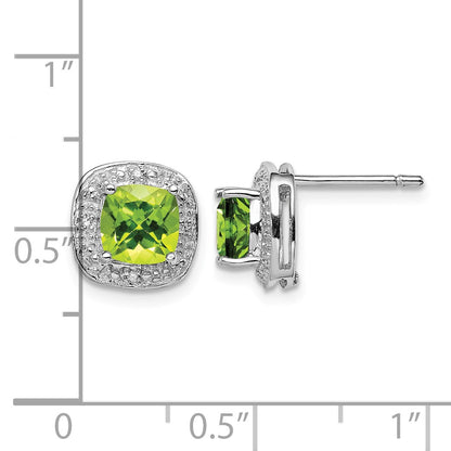 Sterling Silver Rhodium Plated Peridot and Diamond Post Earrings