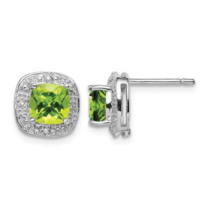 Sterling Silver Rhodium Plated Peridot and Diamond Post Earrings