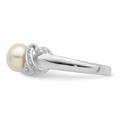 Sterling Silver Rhodium 6mm FW Cultured Button Pearl Ring