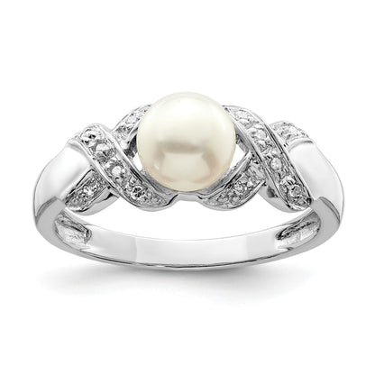 Sterling Silver Rhodium 6mm FW Cultured Button Pearl Ring