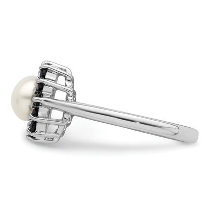 Sterling Silver Rhod 6mm FW Cultured Button Pearl & Sapphire Ring