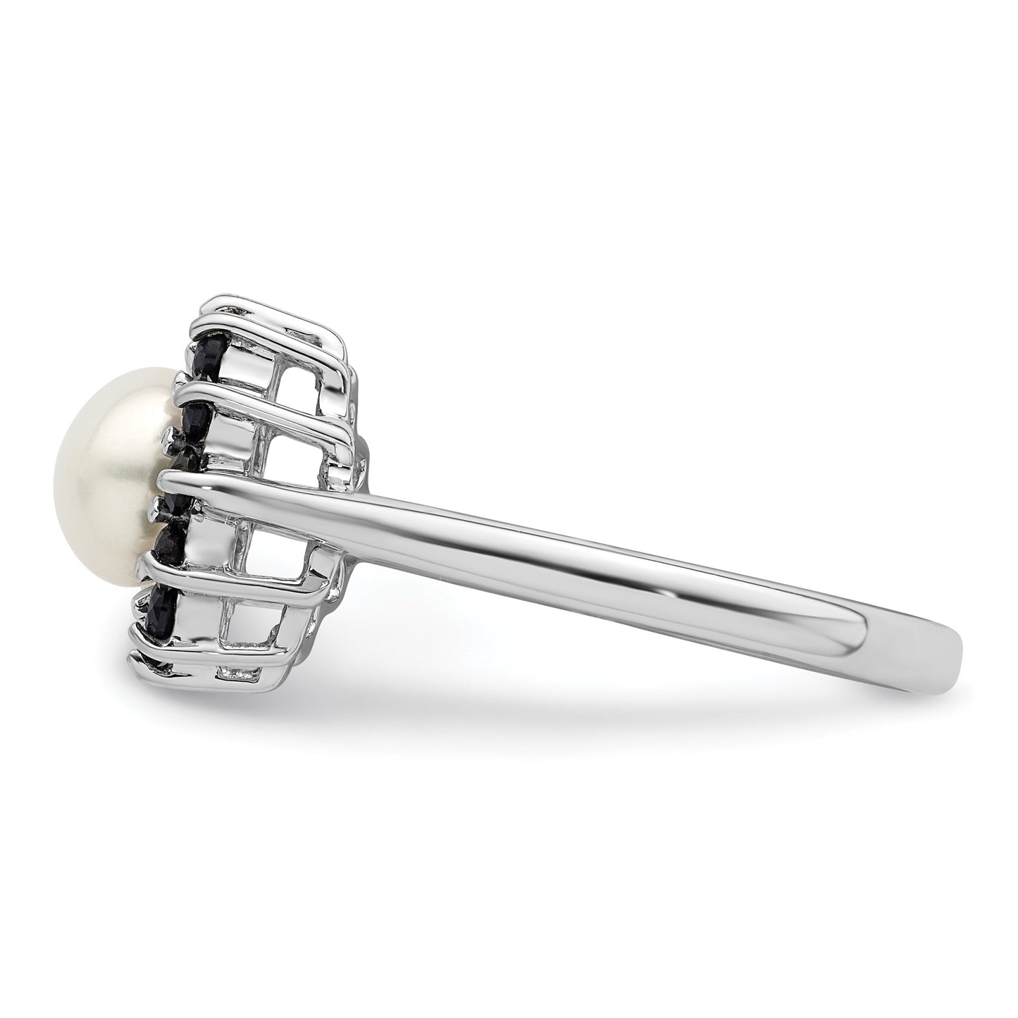 Sterling Silver Rhodium 6mm FW Cultured Button Pearl & Sapphire Ring