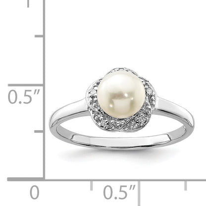 Sterling Silver Rhodium 6mm FW Cultured Button Pearl & Diamond Ring